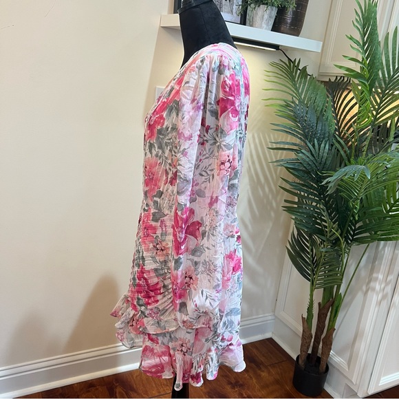 Express Metallic Floral One Shoulder Pleated Faux Wrap Front Romper Large - Picture 4 of 13